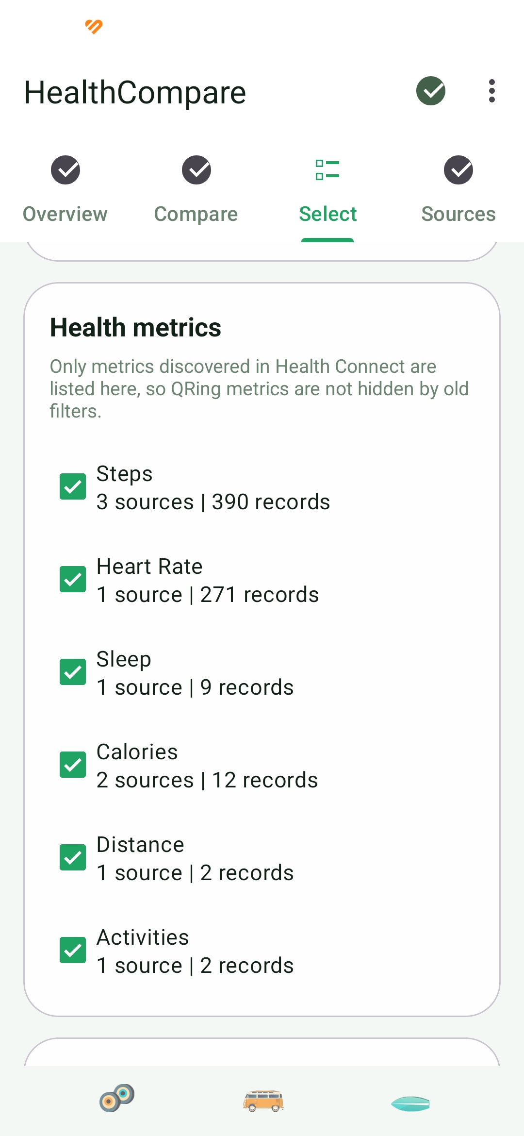 HealthCompare Metrik-Auswahl