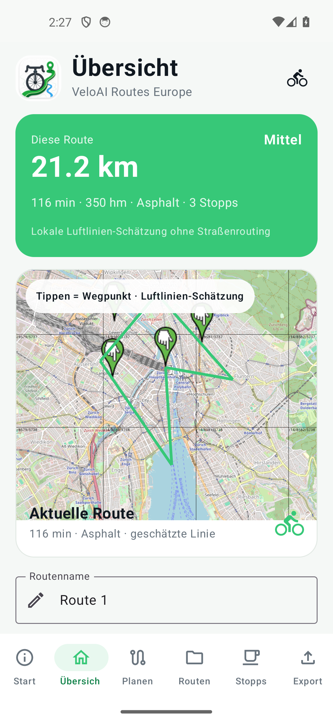 VeloAI echte generierte Routenübersicht